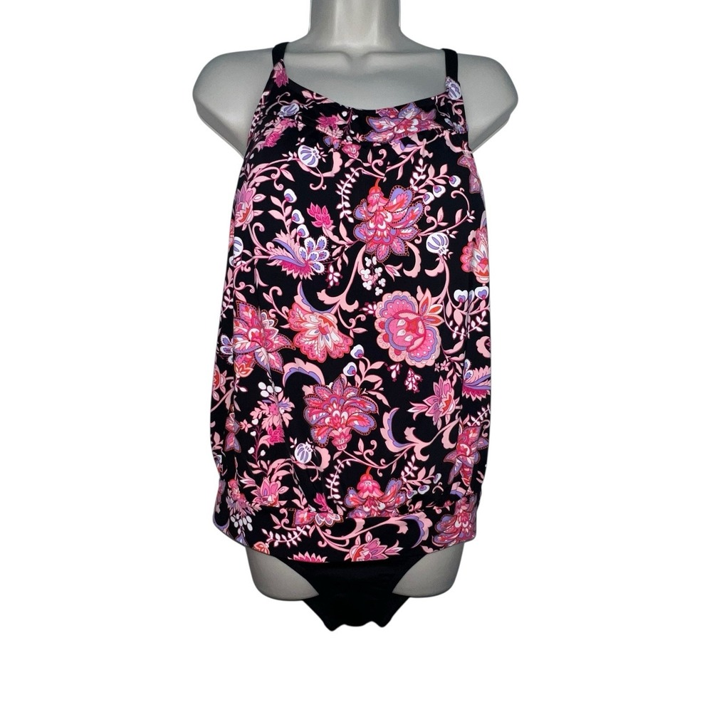 Lands' End Floral Tankini Swimsuit Set Size 8 DDD‎ Pink Black High Neck Blousen